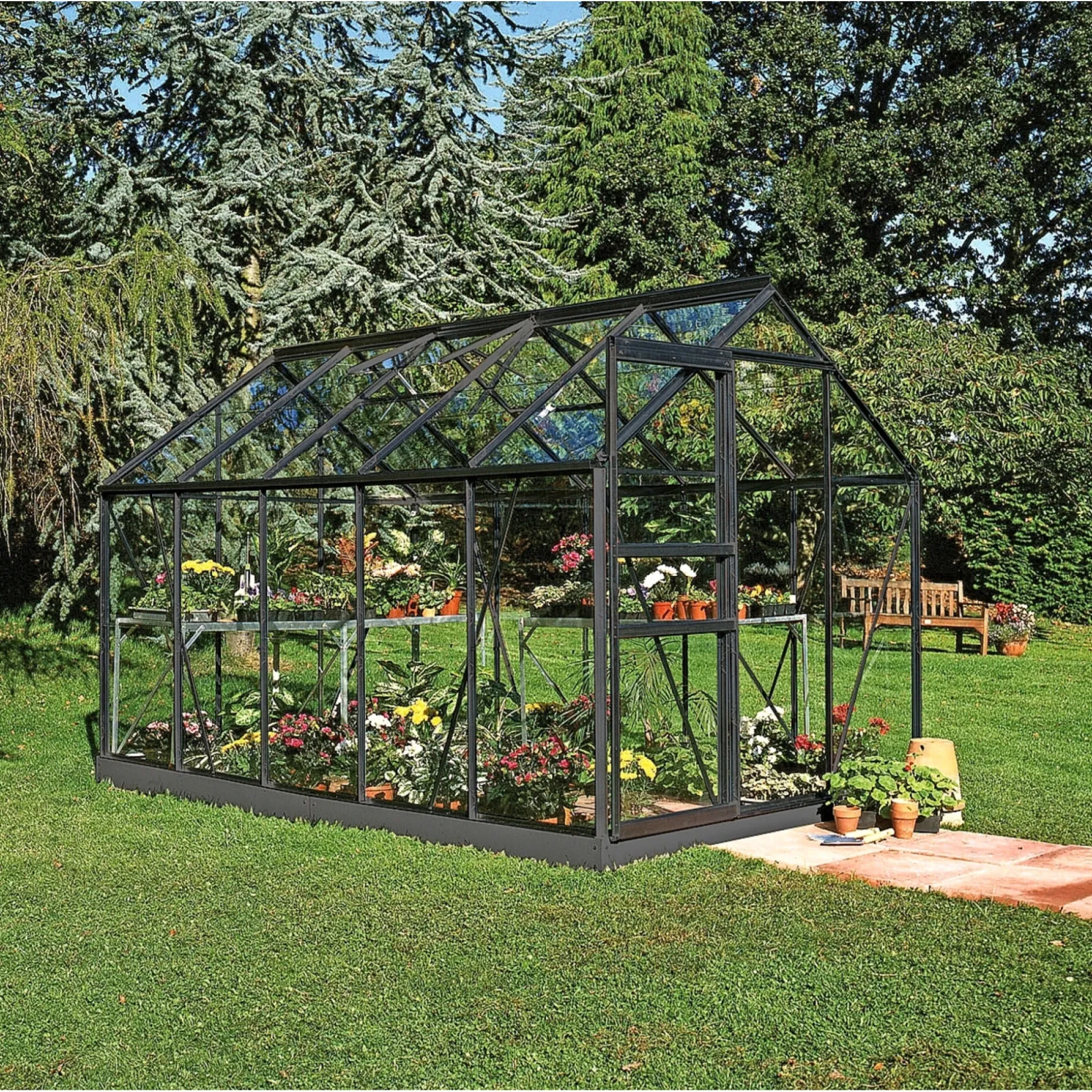 HALLS POPULAR 106 DRIVHUS INKL. SOKKEL 3 MM DELT GLAS SORT 6,2 M2