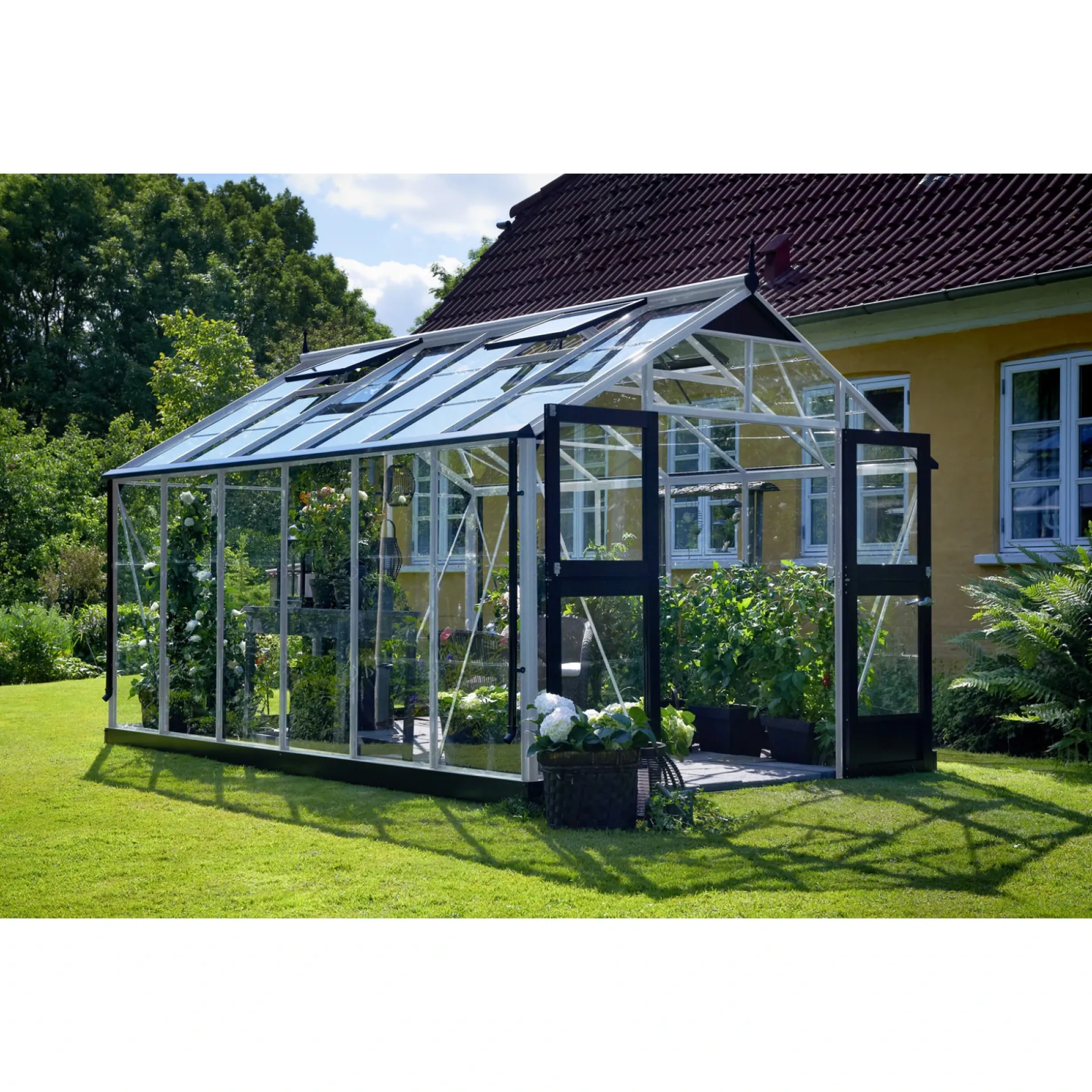JULIANA PREMIUM EKSKL. SOKKEL DRIVHUS 3 MM HÆRDET GLAS HELE BANER ALU 13 M²