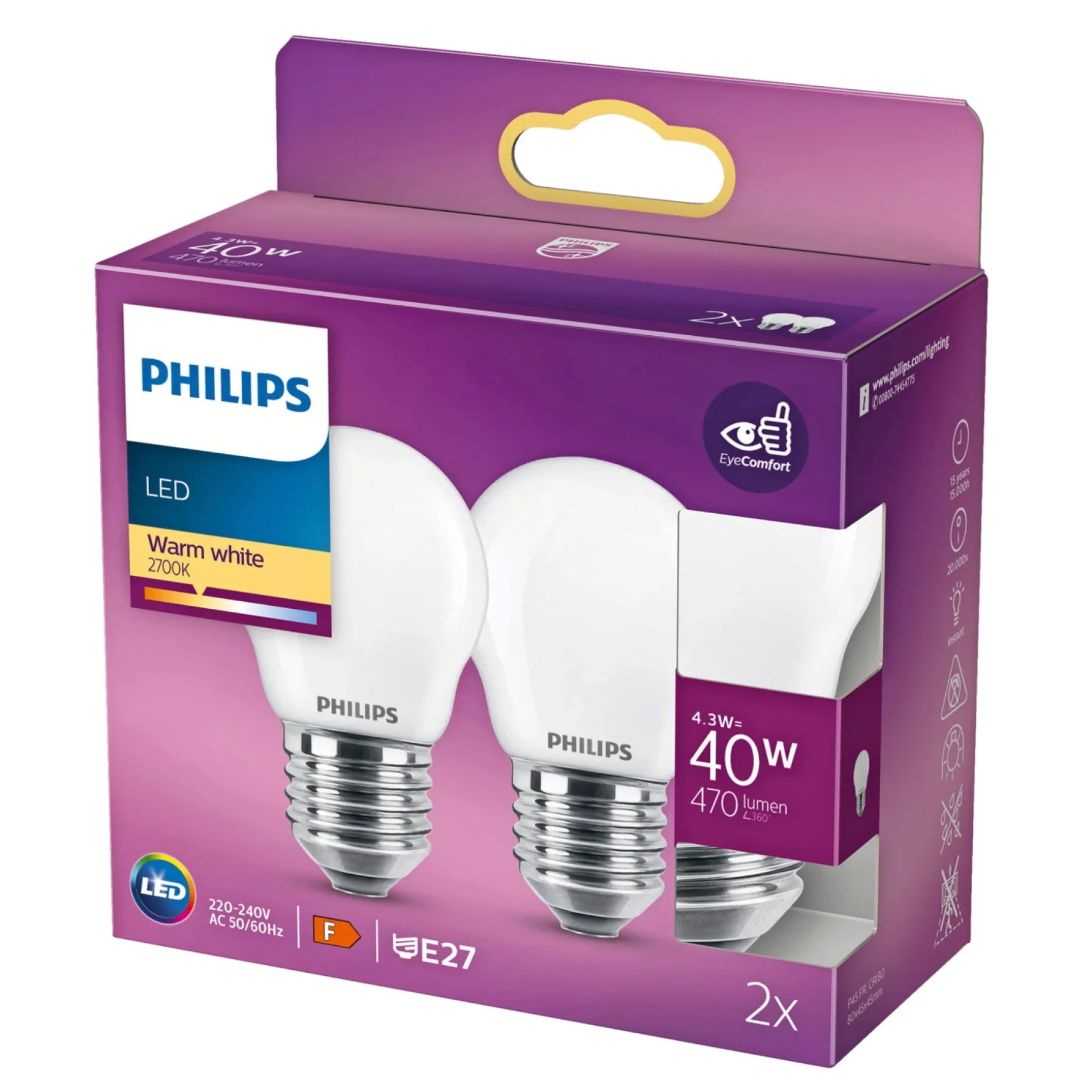 PHILIPS 2-PAK MAT LED PÆRE KRONE E27 4W
