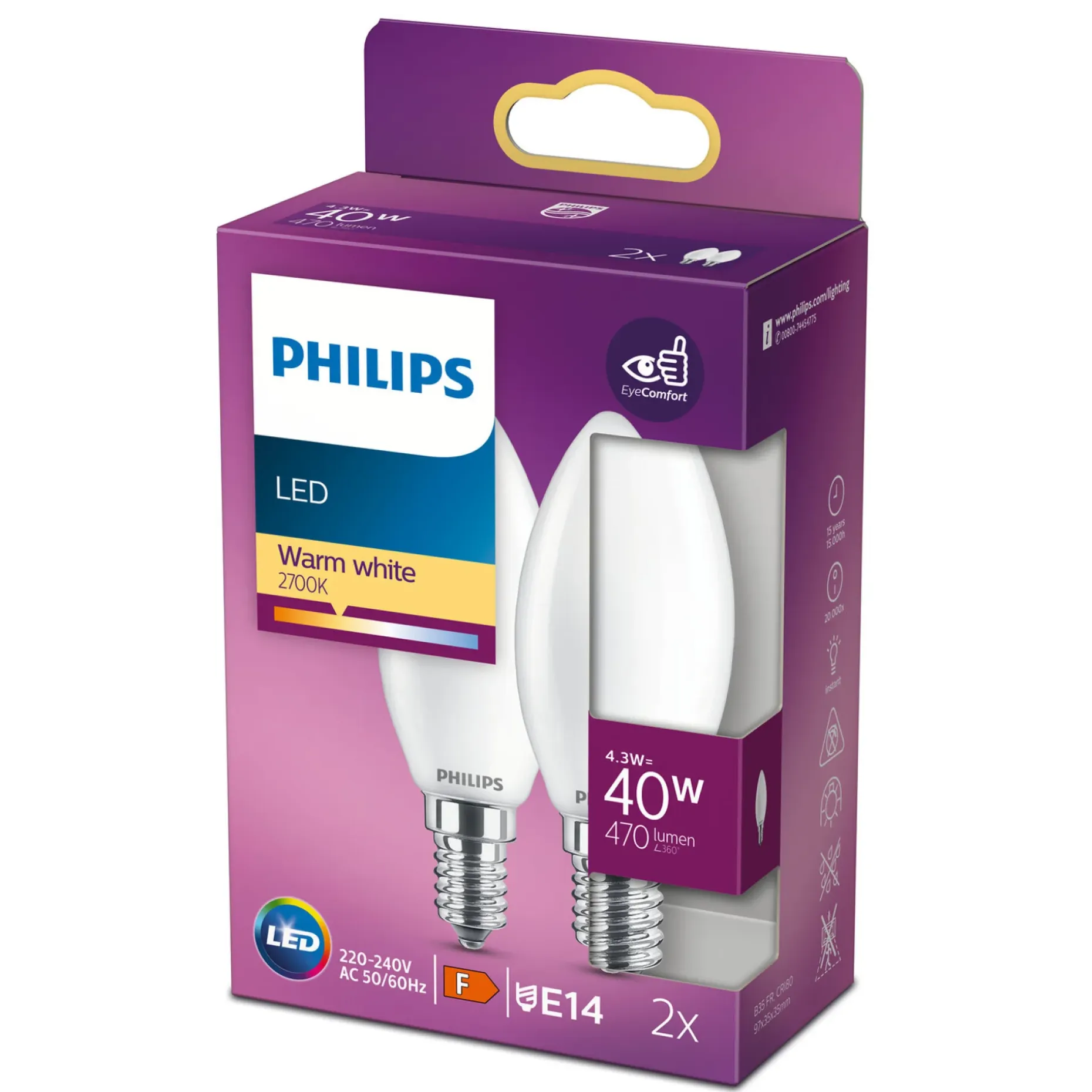 PHILIPS 2-PAK MAT LED PÆRE KERTE E14 4W