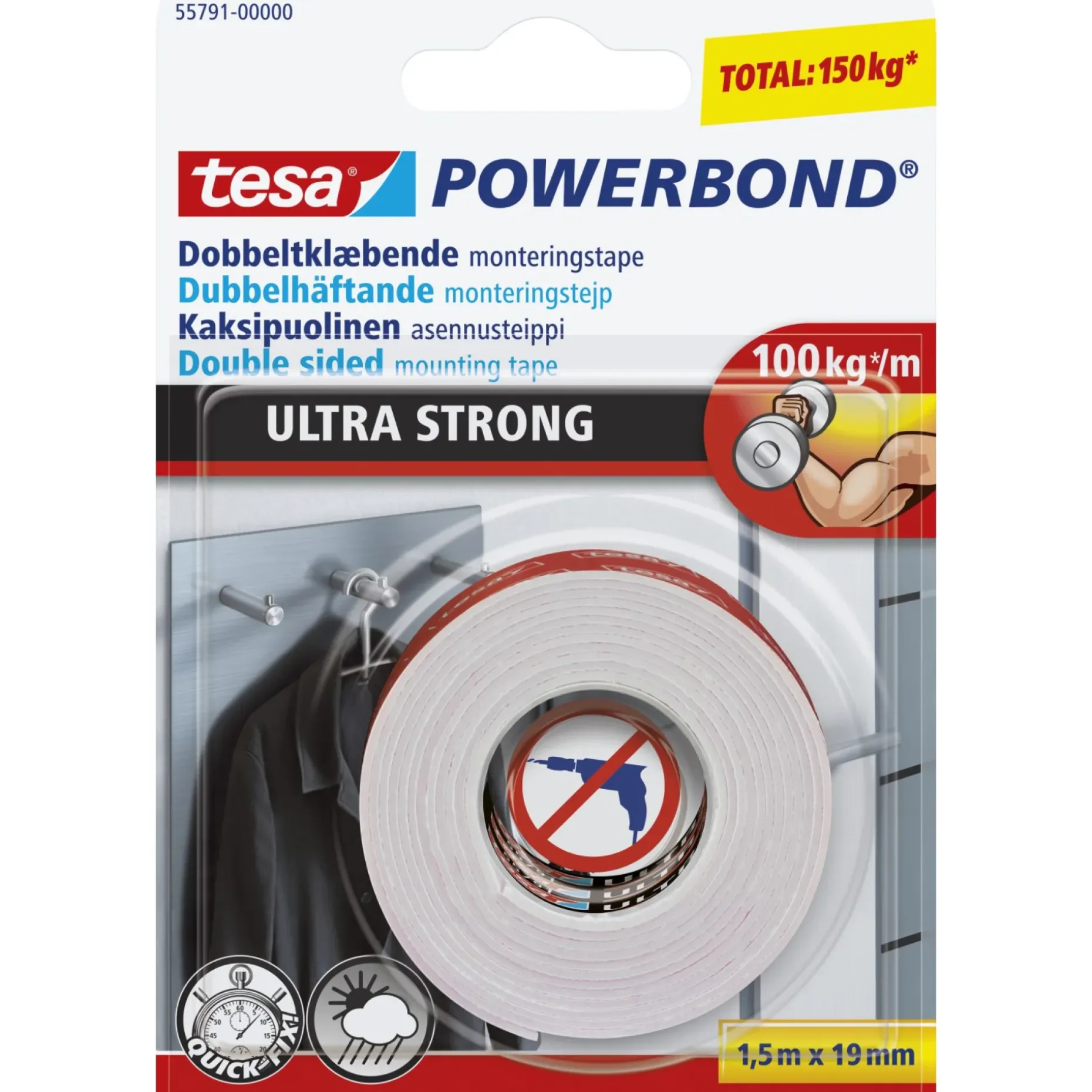 TESA POWERBOND ULTRA STRONG DOBBELTKLÆBENDE TAPE 1,50 M X 19 MM HVID